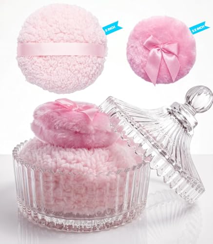 Body Powder Puff and Container Set, 2-Piece Plush Applicator with Jar