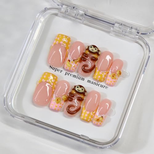 MAGLFELL Cartoon Monkey Design Press On Nails - Medium Square Acrylic Fake Nails (Size S, 10 Pcs)