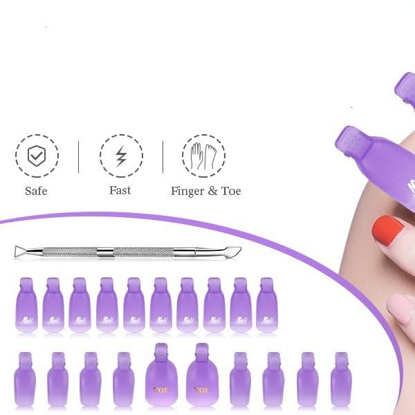 Purple Nail Art Soak Off Clips & Cuticle Pusher Set - Reusable Gel Polish Remover