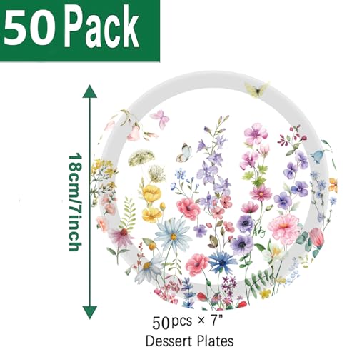 50 Pack Wildflower Paper Plates - 7" Floral Party Tableware