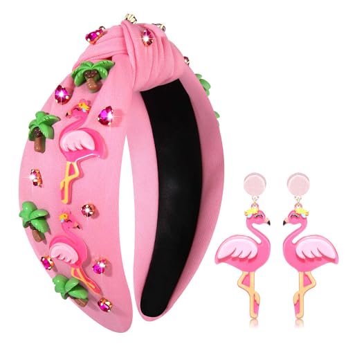 Flamingo 2 Rhinestone Knotted Headband - Tropical Jeweled Summer Hair Accessory