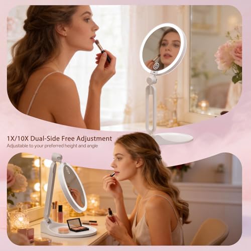 Qinxinmir 10X Magnifying Travel Makeup Mirror with 3-Color LED Lighting