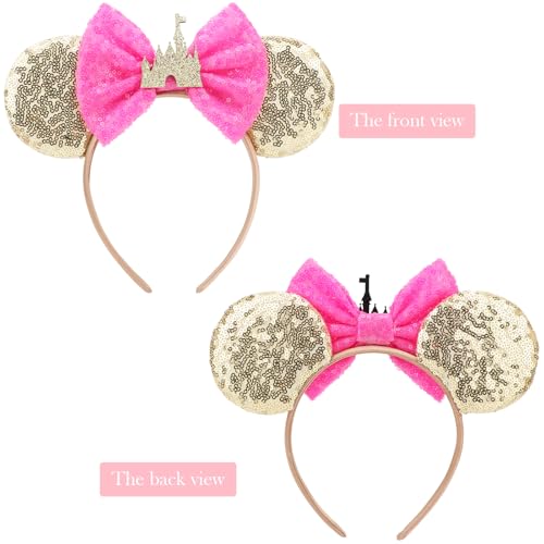 AQOKKA Mouse Ears Headbands with Bow - 3 Pcs Champagne, Black-Leopard Print, Gold-Deep Pink