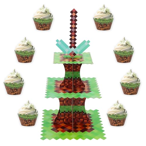 3-Tier Pixel Art Cupcake Stand with 24 Liners for Gaming Parties