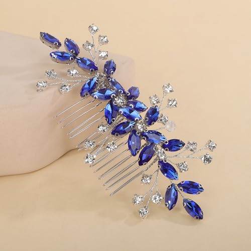 Teyglen Blue Crystal Flower Wedding Hair Comb Bridal Hair Accessory for Women
