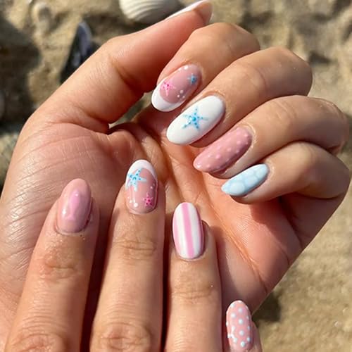 Mtruil Summer French Tip Press-On Nails Set - Designs 23, Short Almond, Pink & Blue Beach Nail Art, Reusable 24 pcs