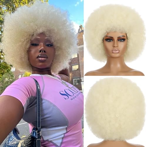 MYCNIMY 10 Inch Platinum Afro Curly Wig for Women - 70s Big Bouncy Natural Look