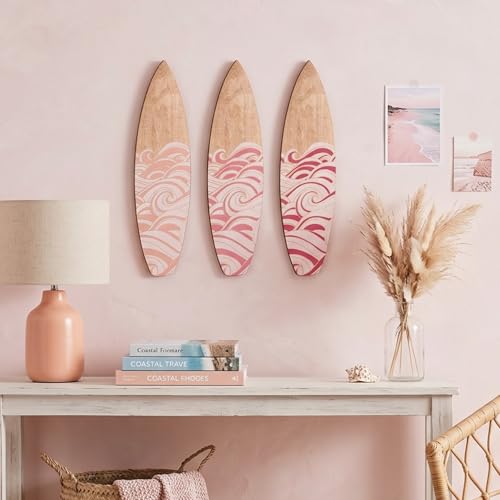 Surfboard Wall Decor Set - 3 Pink Wooden Beach Art Pieces