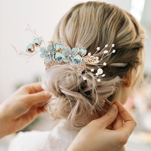 4-Piece Sage Green Bridal Hair Comb and Pin Set with Pearl Floral Accents
