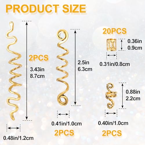 BEIQIYA Gold Hair Jewelry 26pcs for Braids Spiral Dreadlocks Hair Beads & Clips