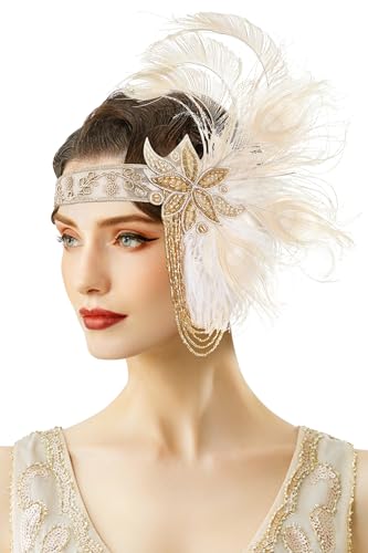 Beige Flapper Headpiece for Women - 1920s Gatsby Feather Headband