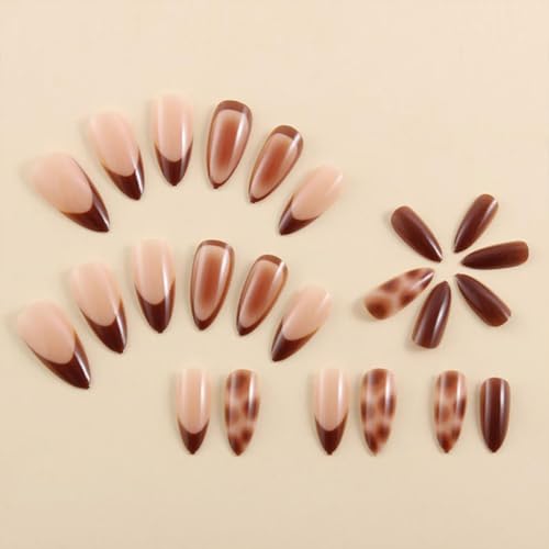 Leopard Print Almond Press-On Nails with Brown French Tips - 24 Pcs