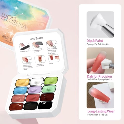 Woobena 12 Colors Gradient Nail Gel Kit with Sponge - No Wipe UV/LED Curing, Floral & Blush Art