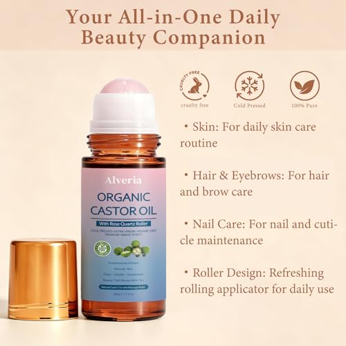 Organic Castor Oil with Rose Quartz Roller Ball – 1 oz, Pure & Cold Pressed
