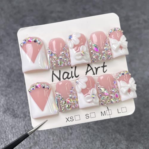 RIICFDD Medium Duck Press on Nails - Rhinestone French Tip (M)