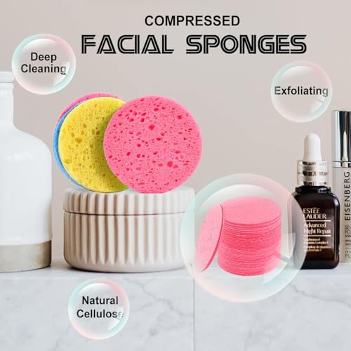 100-Count Pink Round Facial Sponges – 100% Natural Cellulose Makeup Remover & Cleansing Sponges (Spunspon) – 2.36in