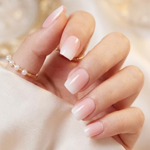Bioday Short Square Press On Nails Nude Pink 30 Pcs Reusable Gel Tips with Glue & Tabs