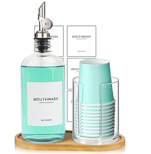 Ezebesta 480ml Glass Mouthwash Dispenser with Bamboo Tray and Cup Holder