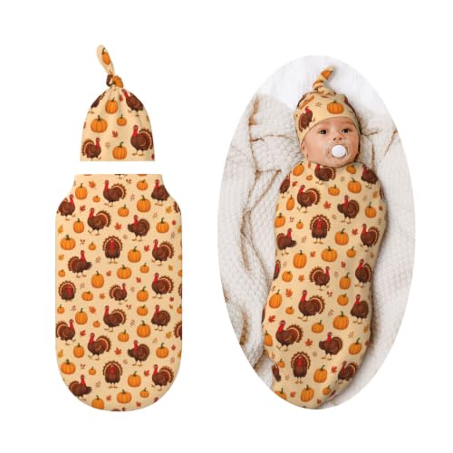 Turkey Pumpkin Baby Swaddle Blanket with Matching Hat - Soft & Safe for 0-6 Months