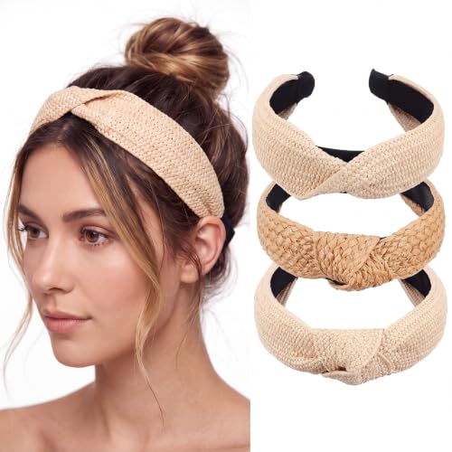 Juexica 3-Pack Straw Knotted Headbands in Straw Color – Boho Hairbands for Women & Girls
