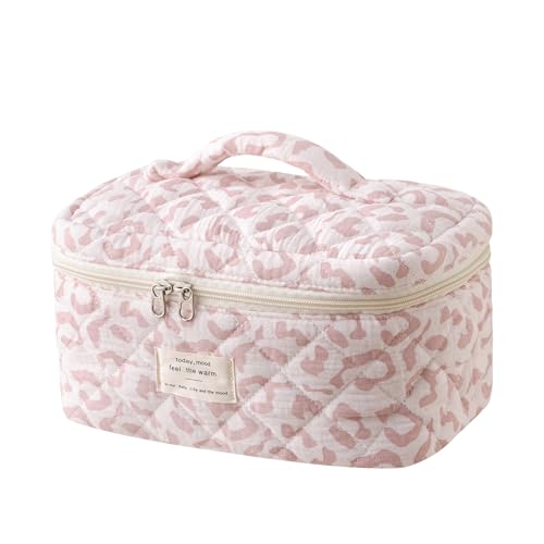 Large Quilted Makeup Bag for Women - 31 Pink Leopard