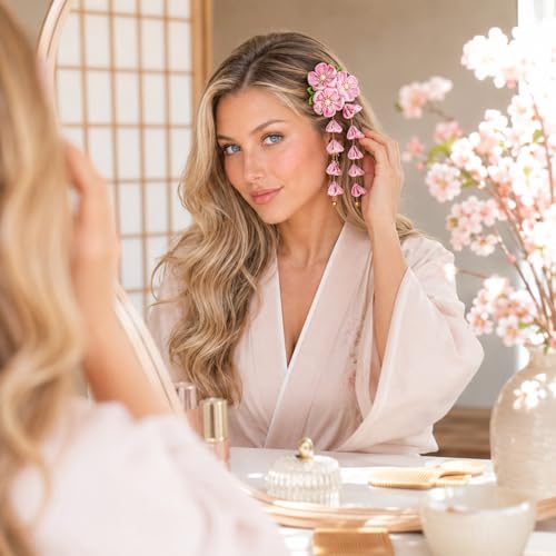 LUOZZY Japanese Kanzashi Hair Clips with Flower & Tassel Design