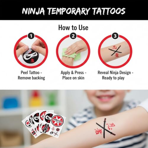 Assorted Red & Black Ninja Temporary Tattoos for Kids, 72 Count, 1.5
