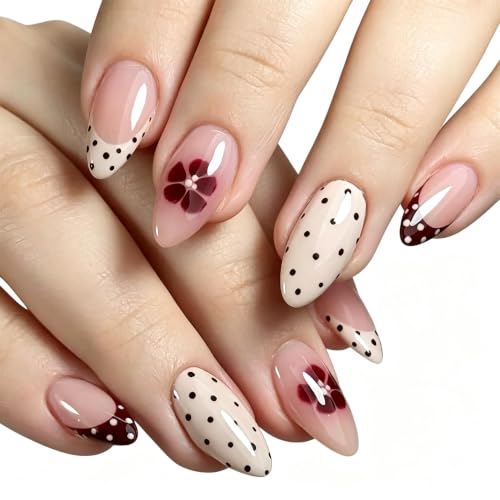 Tiwnefua 144Pcs 6 Styles Polka Dot Press On Nails Medium Almond French Tip