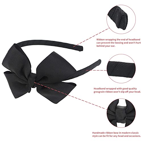 Fashion Black Bow Headband with Large Grosgrain Bow - Handmade Hair Band for Girls & Toddlers (Midi Ribbon)
