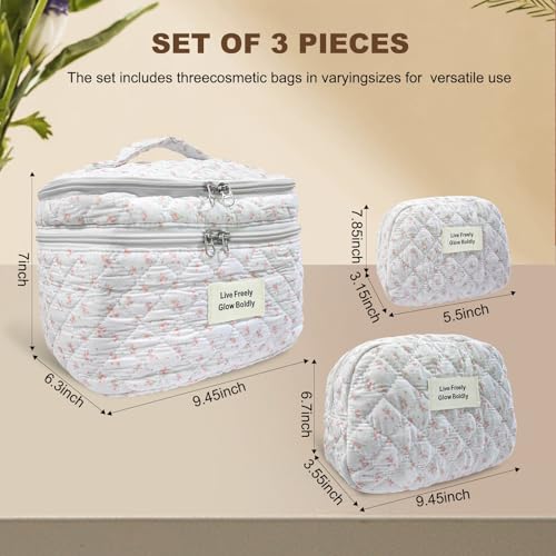ZERFLUMP 3Pcs Travel Quilted Makeup Bag Set Pink Floral - Double Layer Cosmetic Organizer for Women