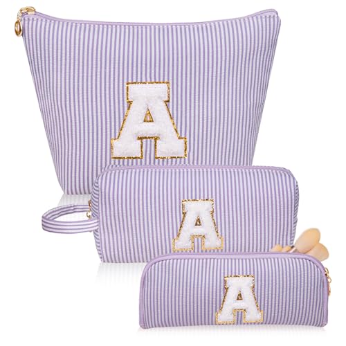 Junesters Personalized Purple Initial Makeup Bag Set - Travel Cosmetic Organizer for Women