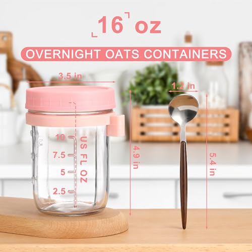 16oz Glass Mason Jars for Overnight Oats - 2 Pack with Lids & Spoon
