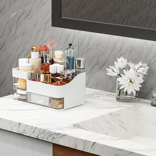 SuoXing Large White Makeup Organizer with 3 Drawers & Top Compartments