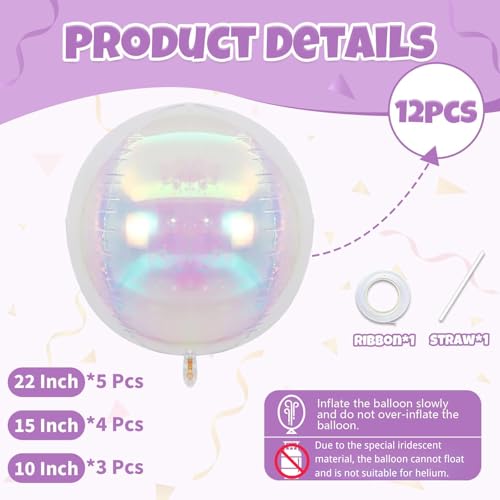 Biapian Iridescent Foil Balloons Set - 12 Pcs in 3 Sizes for Parties