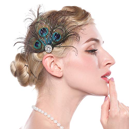 1920s Flapper Peacock Feather Hair Clip with Crystals for Prom Party