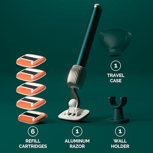 Fler The Razor Shave Set - 5 Blade Metal Razor for Women with Wall Holder, 6 Refill Cartridges & Protective Travel Case, Unisex Shaver with Aloe Vera, Vitamin E & Jojoba Oil - Pine (Green)