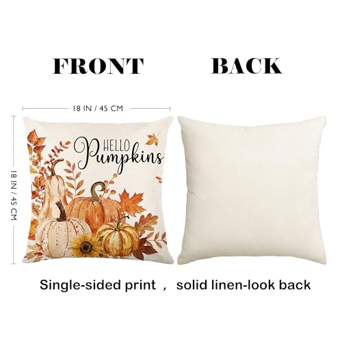Fall Pillow Covers 18x18 Set of 4 - Rustic Pumpkin & Maple Leaves