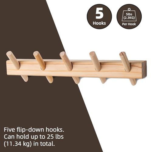 Solid Wood Coat Rack Wall Mount with Removable Hooks - 5 Hooks