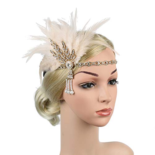 Vintage 1920s Flapper Headband - Gold & Champagne Feather Accessory