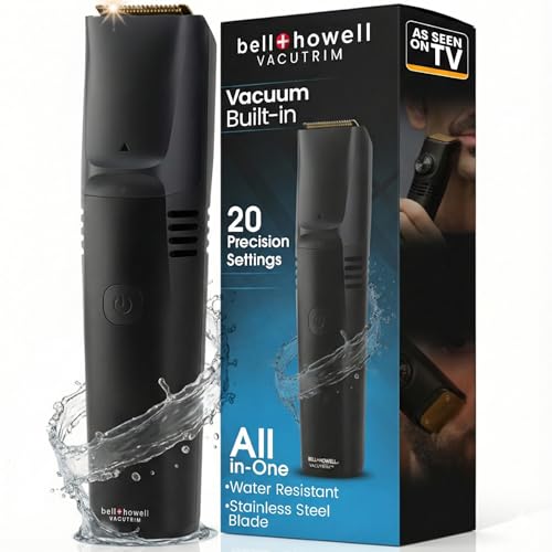 Vacutrim Cordless Mens Beard Trimmer, Rechargeable Electric Shaver with 20 Trim Setting Calibration Dial and Built-in Vacuum for Mustache, Sideburns. Facial Hair, Black, 7.5", As Seen On TV