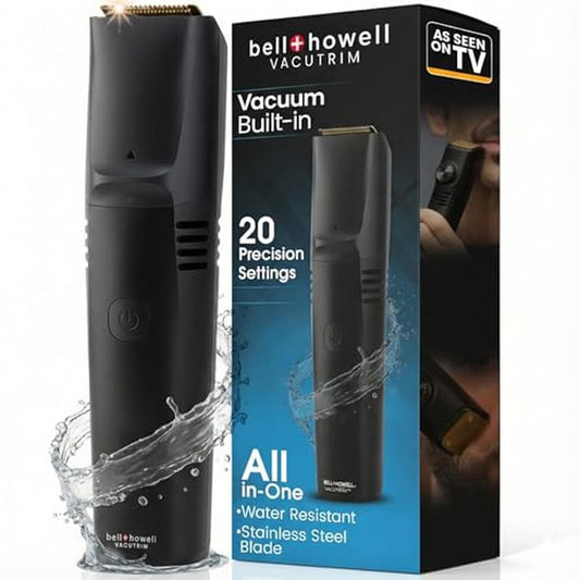 Vacutrim Cordless Mens Beard Trimmer, Rechargeable Electric Shaver with 20 Trim Setting Calibration Dial and Built-in Vacuum for Mustache, Sideburns. Facial Hair, Black, 7.5", As Seen On TV