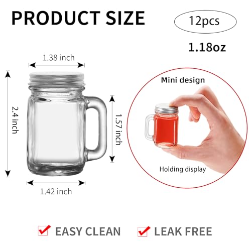 12 Mini Mason Jar Shot Glasses with Handles - 1.7oz, Leakproof Lids