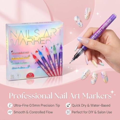 12 Color Nail Art Pens Set - 0.5MM Precision Markers for Adults & Kids