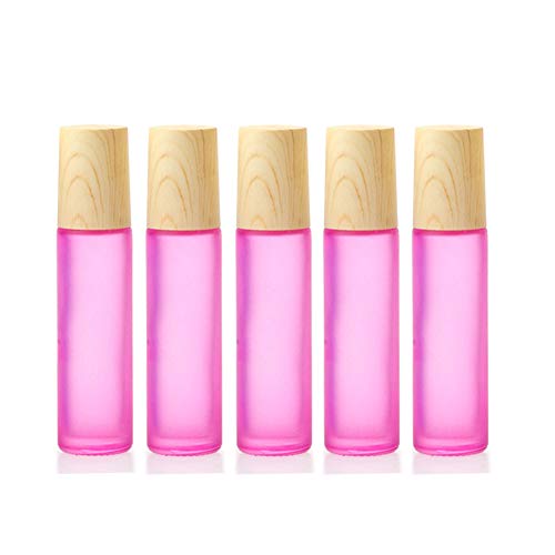 Furnido Pink Frosted Essential Oil Roller Bottles 10ml, 5 Pack with Stainless Steel Rollers & Wood Grain Lids