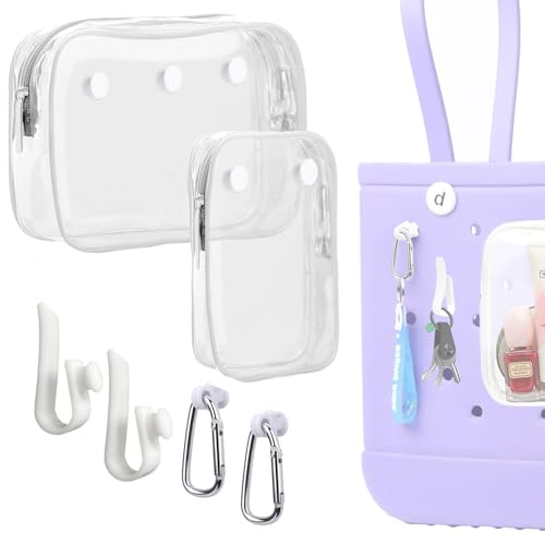 Everfunny White 2-Pack Clear Bogg Beach Tote Bag with Inserts & Hooks - Travel & Cosmetic Organizer