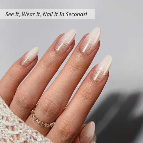 BTArtbox Press On Nails Full Kit - Medium Almond White Fake Nails with Champagne Frost Variation, 30pcs