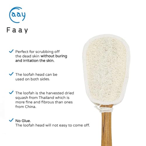 FAAY 17-Inch Natural Loofah Back Scrubber with Long Teak Handle