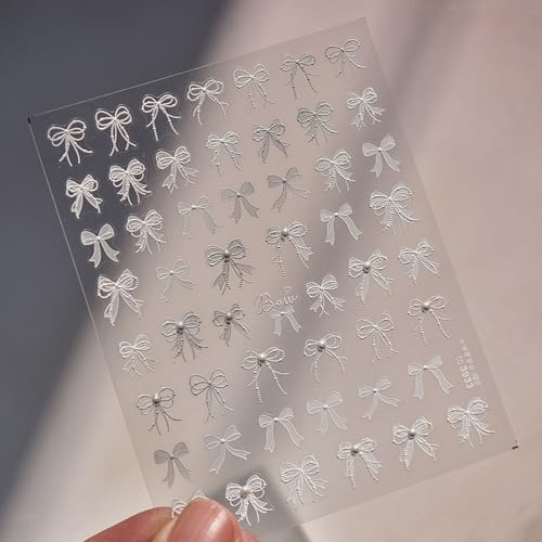 White Pearl Embossed Bow Nail Stickers for Elegant Nail Art - Self-Adhesive, 52 Designs