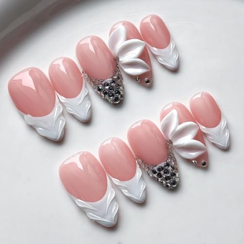 Medium Almond French Tip Press On Nails with Flower Rhinestones - Style9