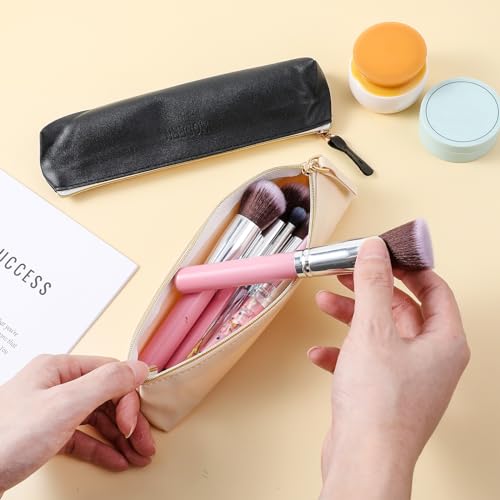 Tucnoeu 2pcs Mini Cosmetic Bags - Small Leather Makeup Organizer for Women, Black & Beige